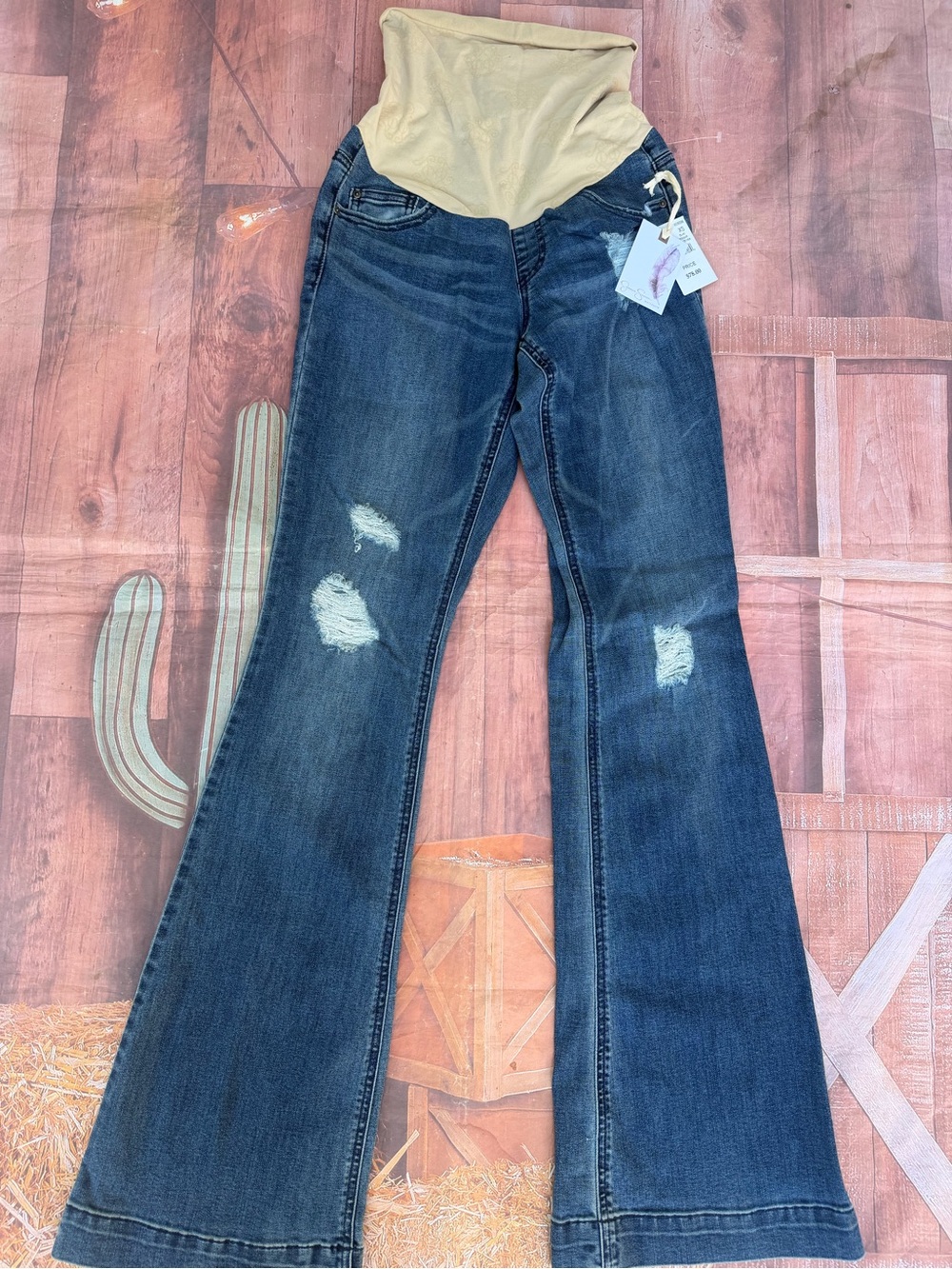 Maternity Flare Jeans in Dark Blue with Beige Panel